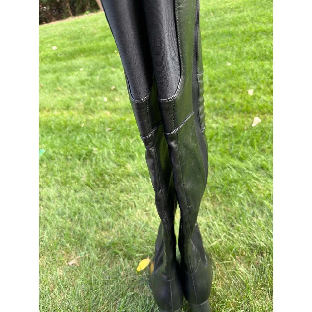 Shoedazzle Jodie Black Faux Leather thigh high Block Heel Moto Boots Womens 9.5